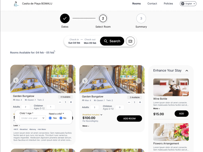 Amiqa AI Booking Engine — Room selection with availability, pricing, and upsell options